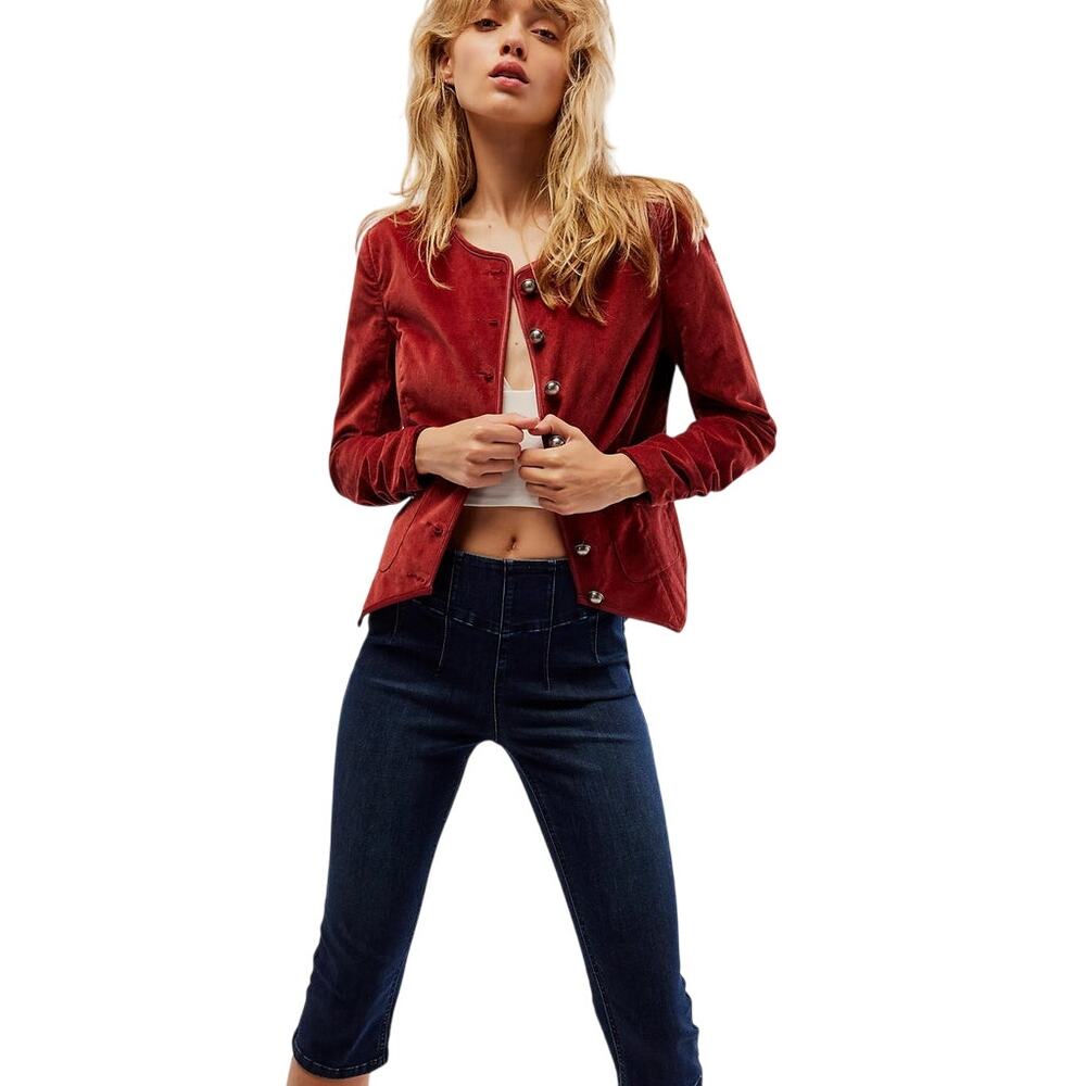 Free People We the Free Becky Stretch Velvet Jacket in Garnet Grotto - xs